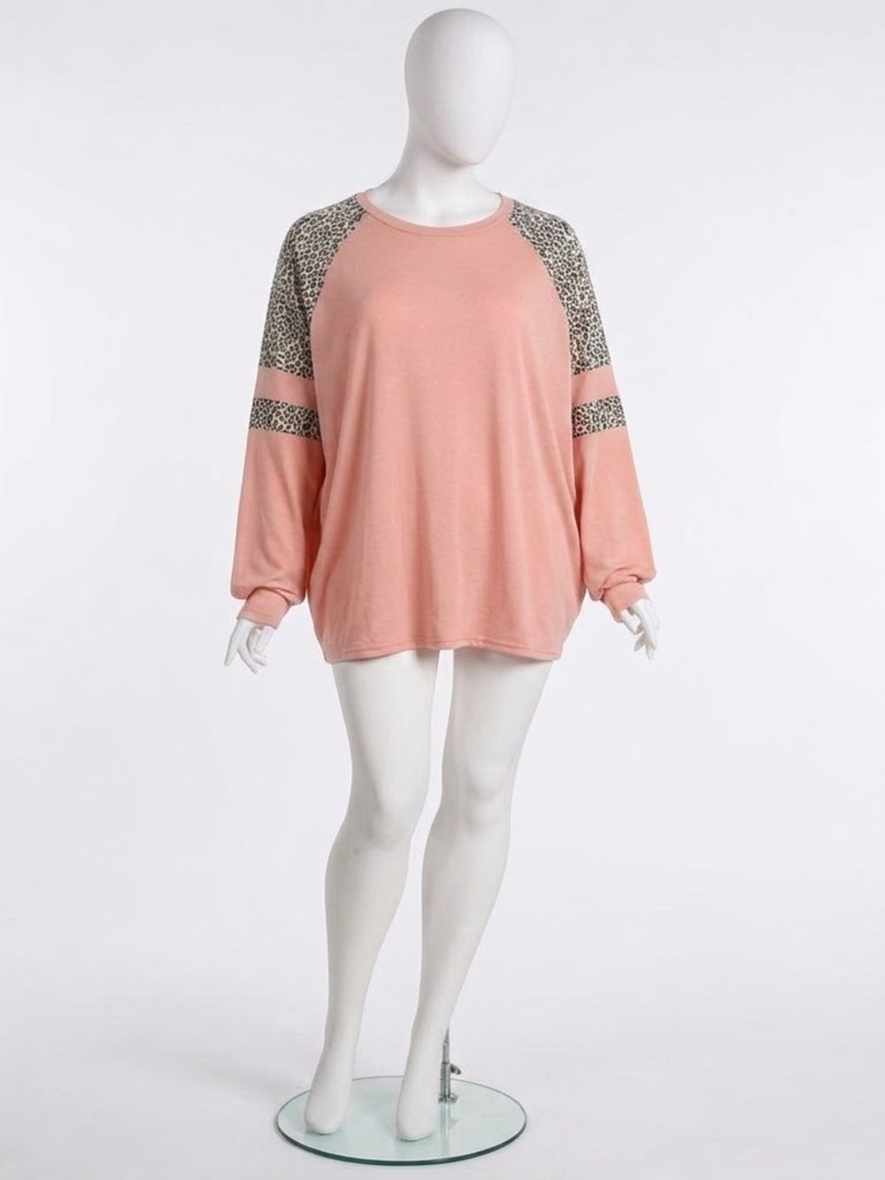Women's Blush Pink Long Sleeve Raglan Top with Leopard Accent